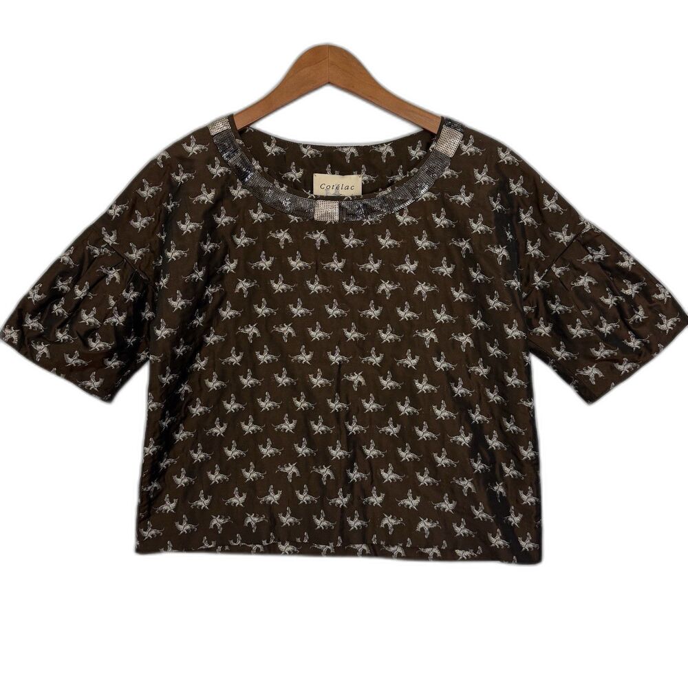 Cotelac Made in France Quilted Jacquard Metallic Logo Top Sequin Neckline 1 XS S